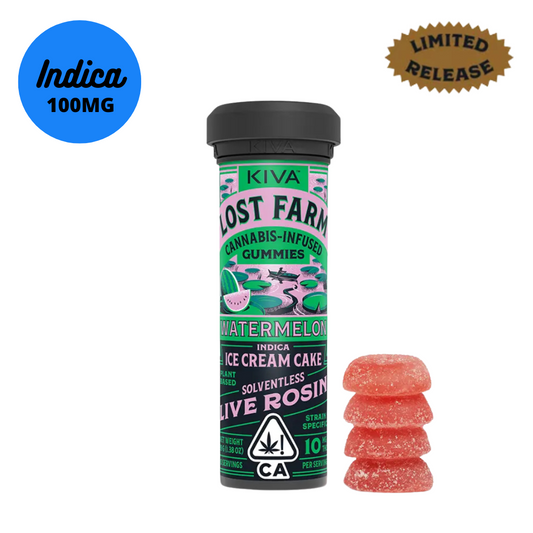 100MG Kiva Lost Farm Solventless Live Rosin Watermelon Gummies Infused with Ice Cream Strain