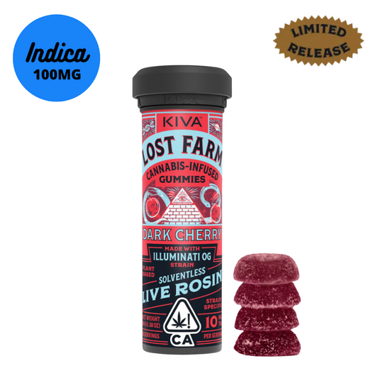 100MG Kiva Lost Farm Solventless Live Rosin Dark Cherry Gummies Infused with Illuminati OG Strain