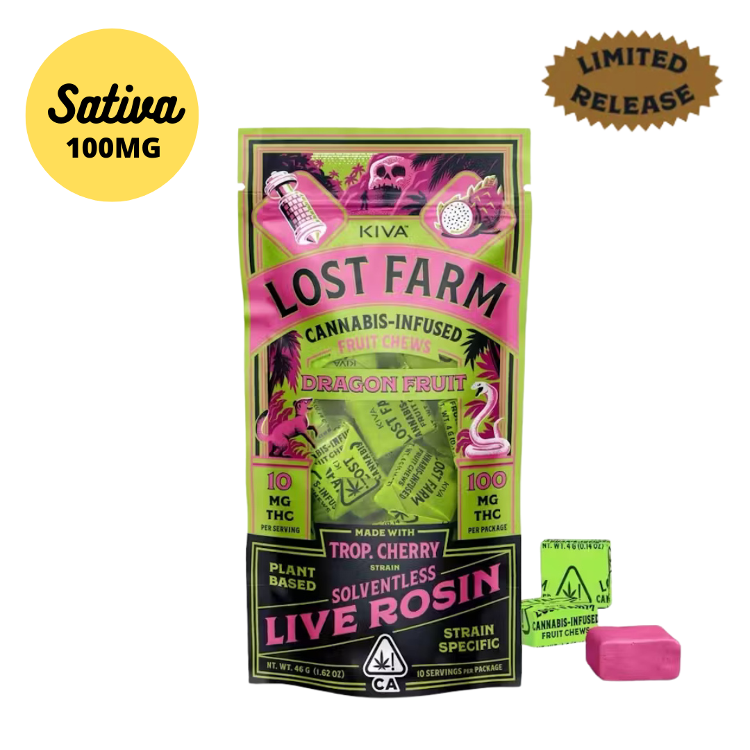 Kiva Lost Farm Solventless Live Rosin Dragon Fruit Chews Infused with Trop Cherry Strain