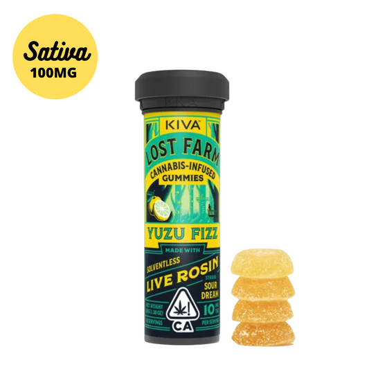 100MG   Kiva Lost Farm Solventless Live Rosin Yuzu Fizz Gummies Infused with Sour Dream Strain